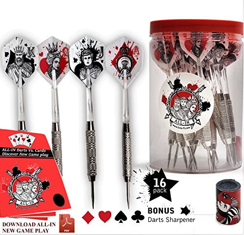 All-in 16 Steel Tip Darts Set (16 –Pack) with Dart Sharpener and Store Jar. 21 Grams Steel Tip Darts for Perfect Gameplay Experience. Ideal for Bar, Game Room, Rec Room and Man Cave. Plus a New Game