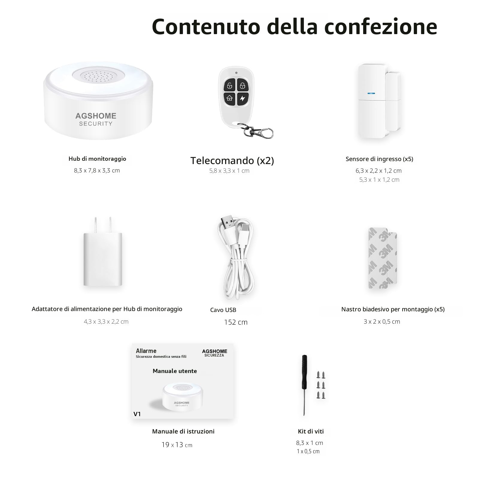 AGSHOME Allarme Casa Senza Fili, Sistema di Allarme Casa Senza Fili, antifurto casa wireless Con 1 Sirena, 5 Sensori Per Porte E Finestre E 2 Telecomandi, Tramite App, Compatibile con Alexa