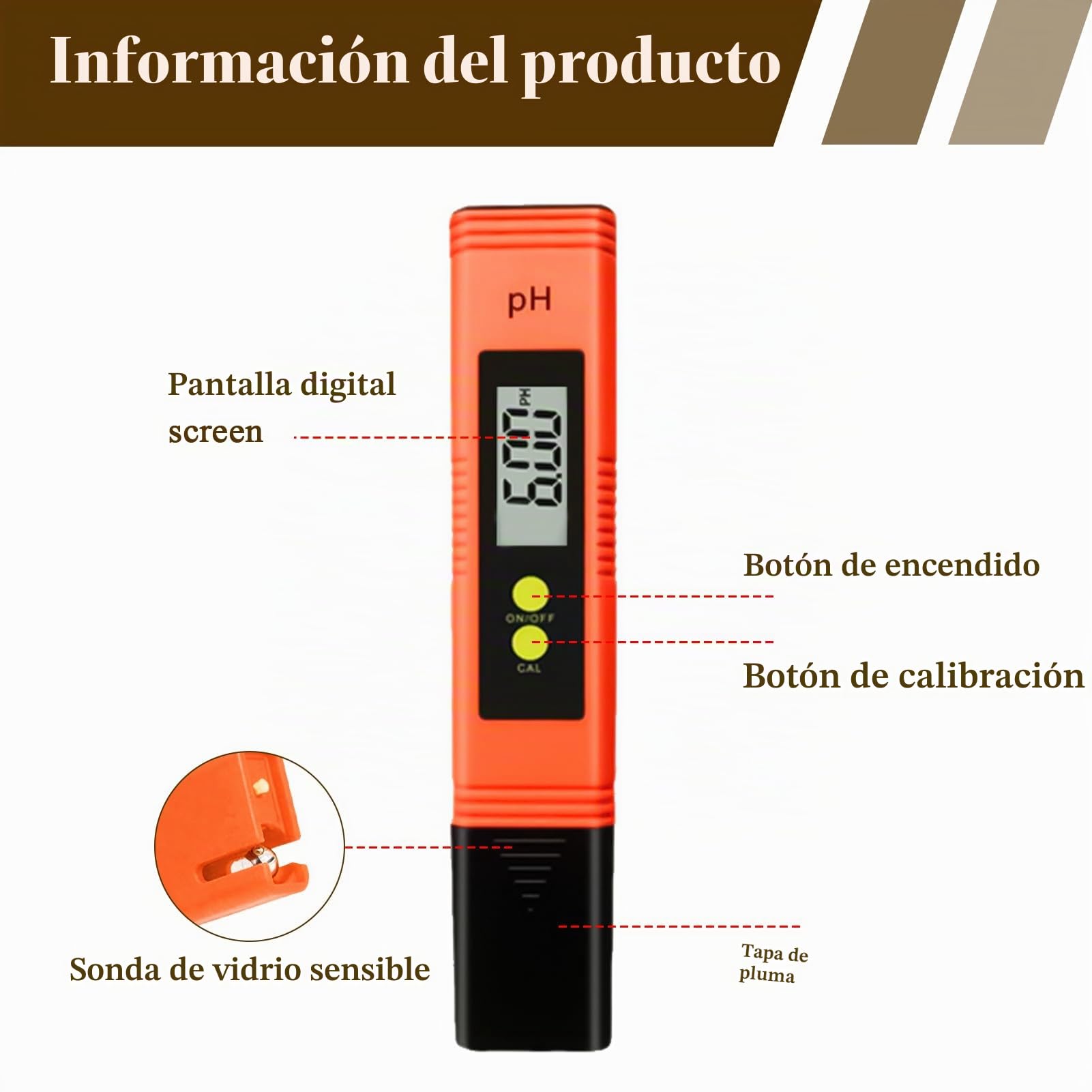 Medidor de PH Digital Alta Precisión Rango 0-14 con Calibración Automática y Compensación de Temperatura Automática Pantalla LCD