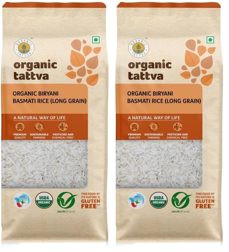 Image of Organic Tattva, Organic Biryani Basmati Gluten Free and Unpolished Rice, 1Kg (Pack of 2)
