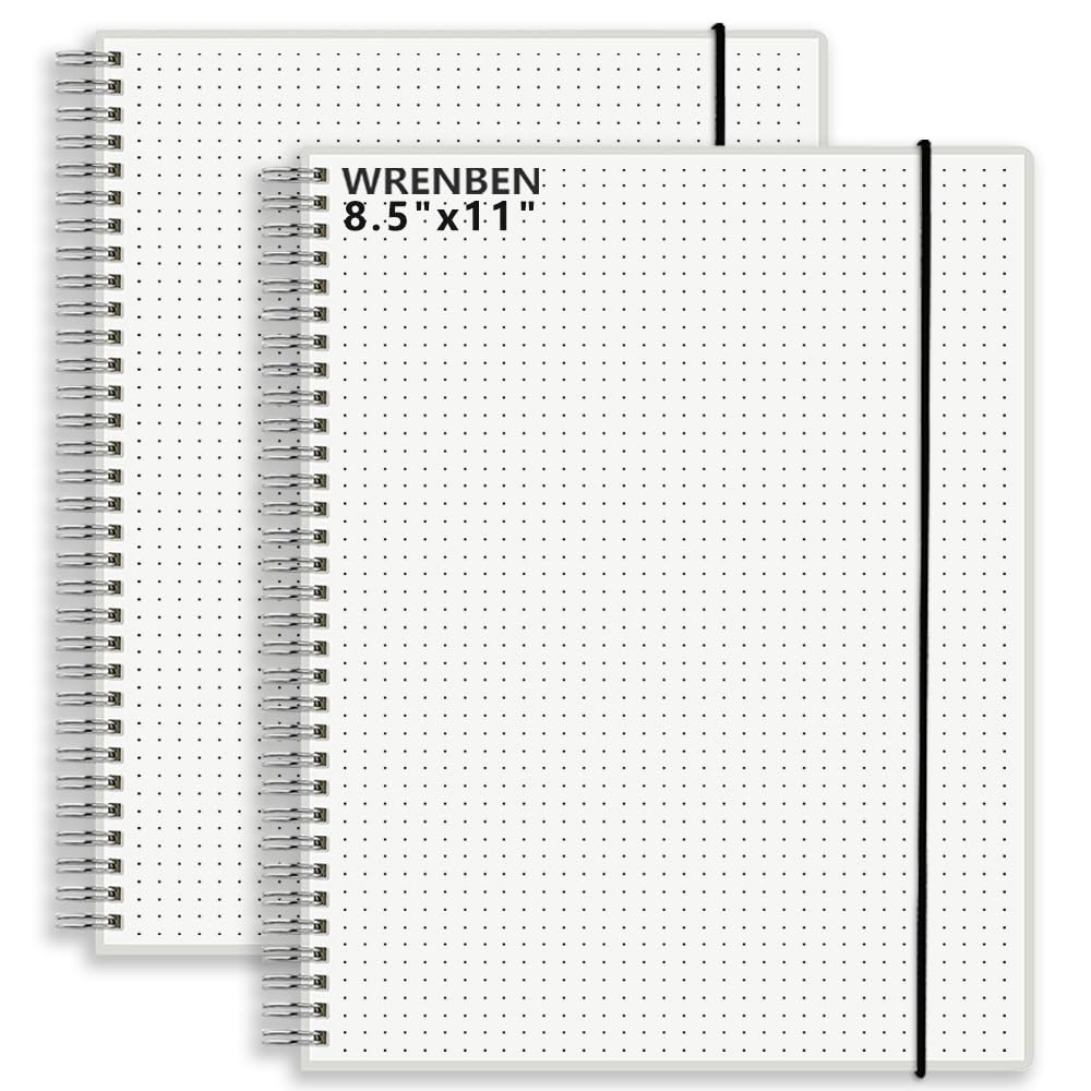 WRENBEN 8.5" x 11" Dotted Spiral Notebook with 120 GSM Thick Paper, Removable Elastic Band and Transparent Hard Cover, 160 Pages per Notepad (2 Pack,