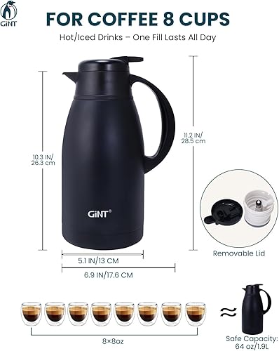 Miniatura 3 de GiNT Jarra térmica de café de acero inoxidable, dispensador de agua y bebidas al vacío de doble pared, retención de calor de 12 horas, 65 onzas/1.9