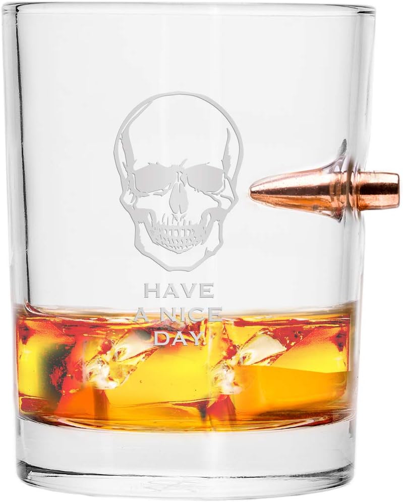 Lucky Shot 308 CALIBER WHISKEY GLASS | HAVE A NICE DAY | Embedded Copper Bullet 10 oz Borosilicate Rock Glass from