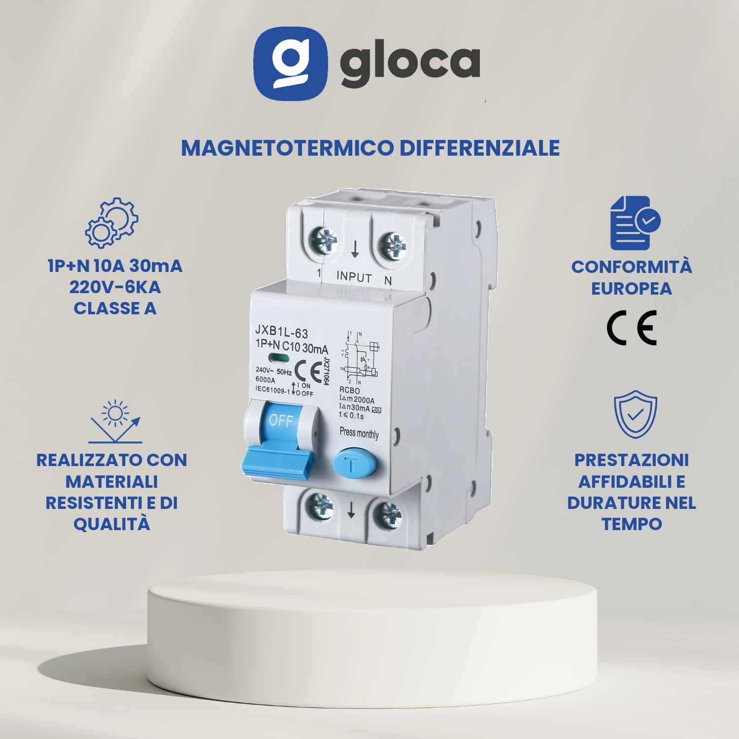 gloca Interruttore Magnetotermico Differenziale 1P+N 30mA 220V 6KA 2 Moduli DIN Classe A (10 Ampere)