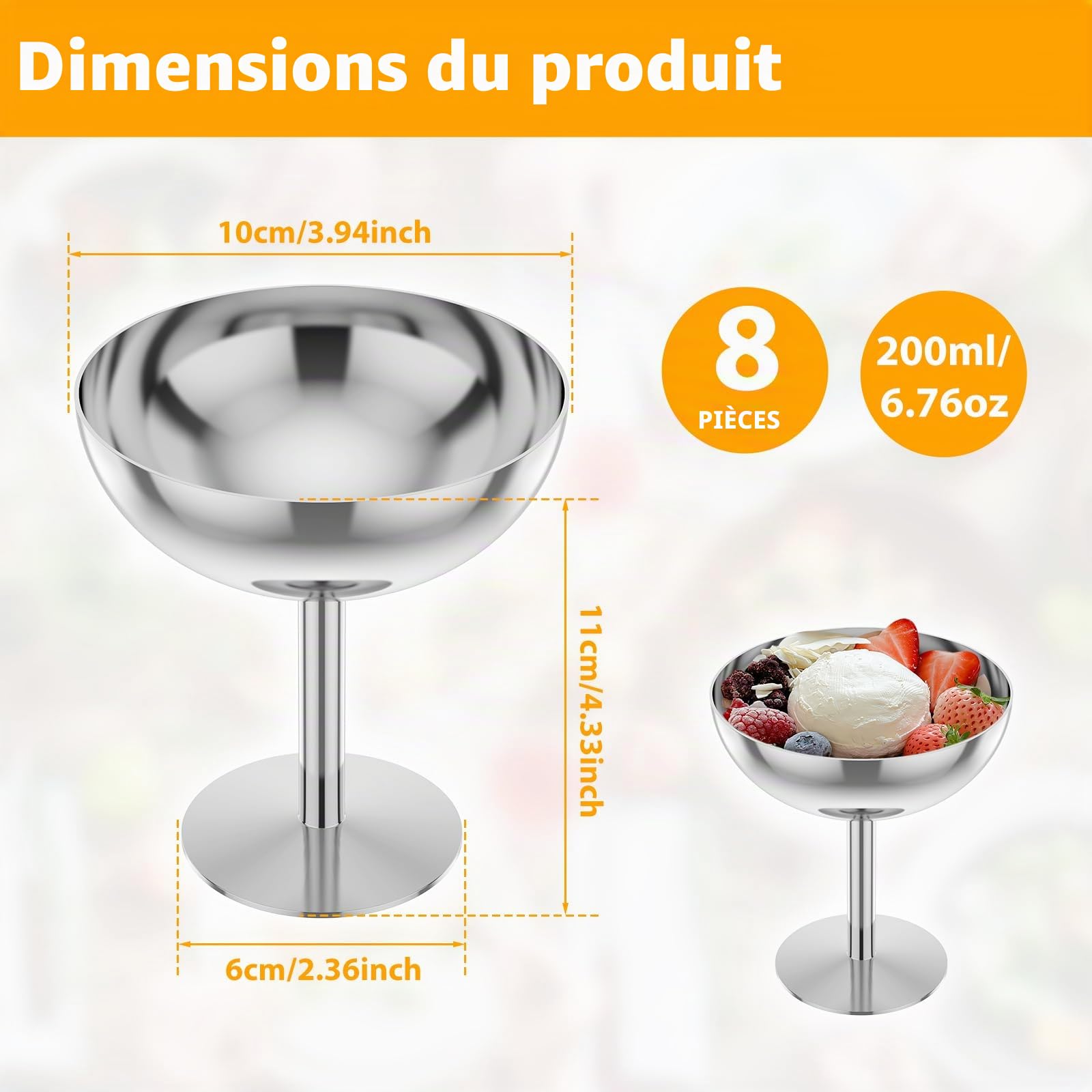 8x coupes a glace en inox avec pied – 200 ml – pour réceptions | Coupelle dessert élégantes pour glace, pudding, fruits et salade – bols polyvalents, passant au lave-vaisselle et incassables