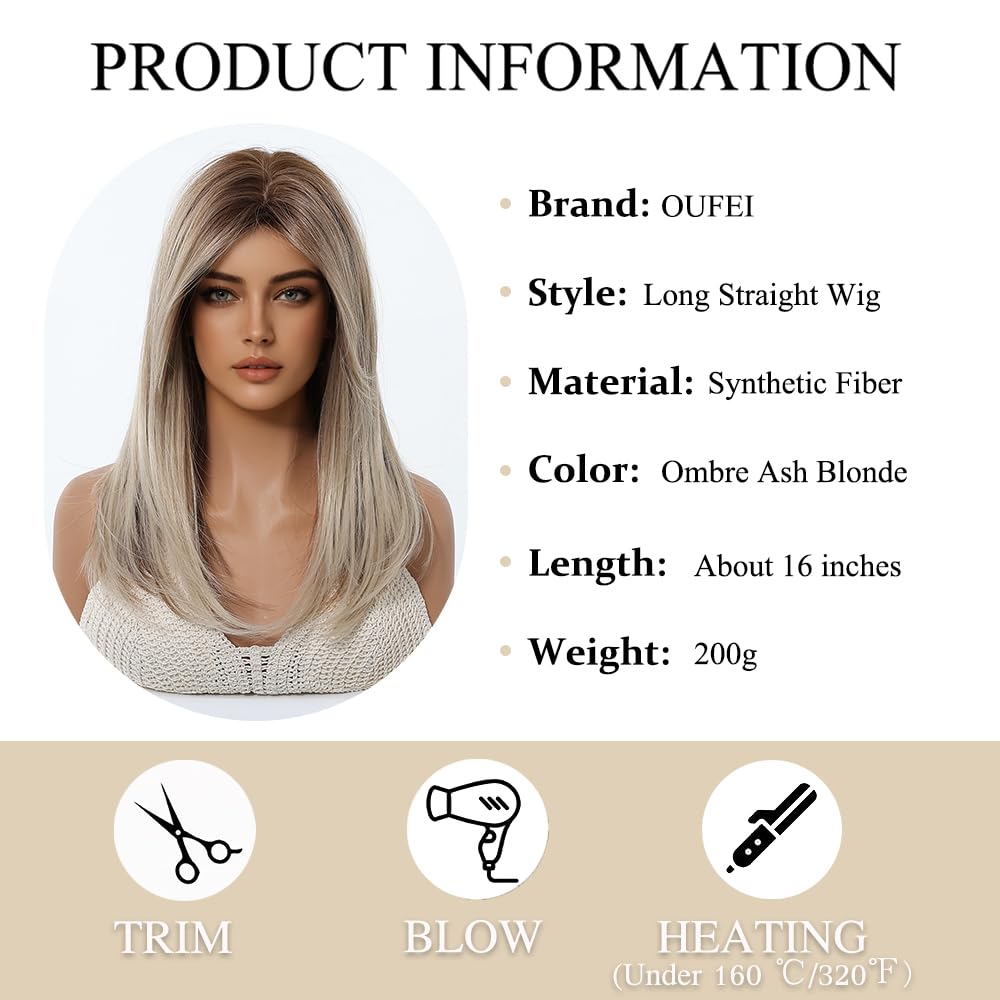 OUFEI Ombre Ash Blonde Wigs for Women Medium Length Long Straight Wig with Curtain Bangs Synthetic Hair Heat Resistant Wigs for Everyday Party Cosplay Wear - Image 2