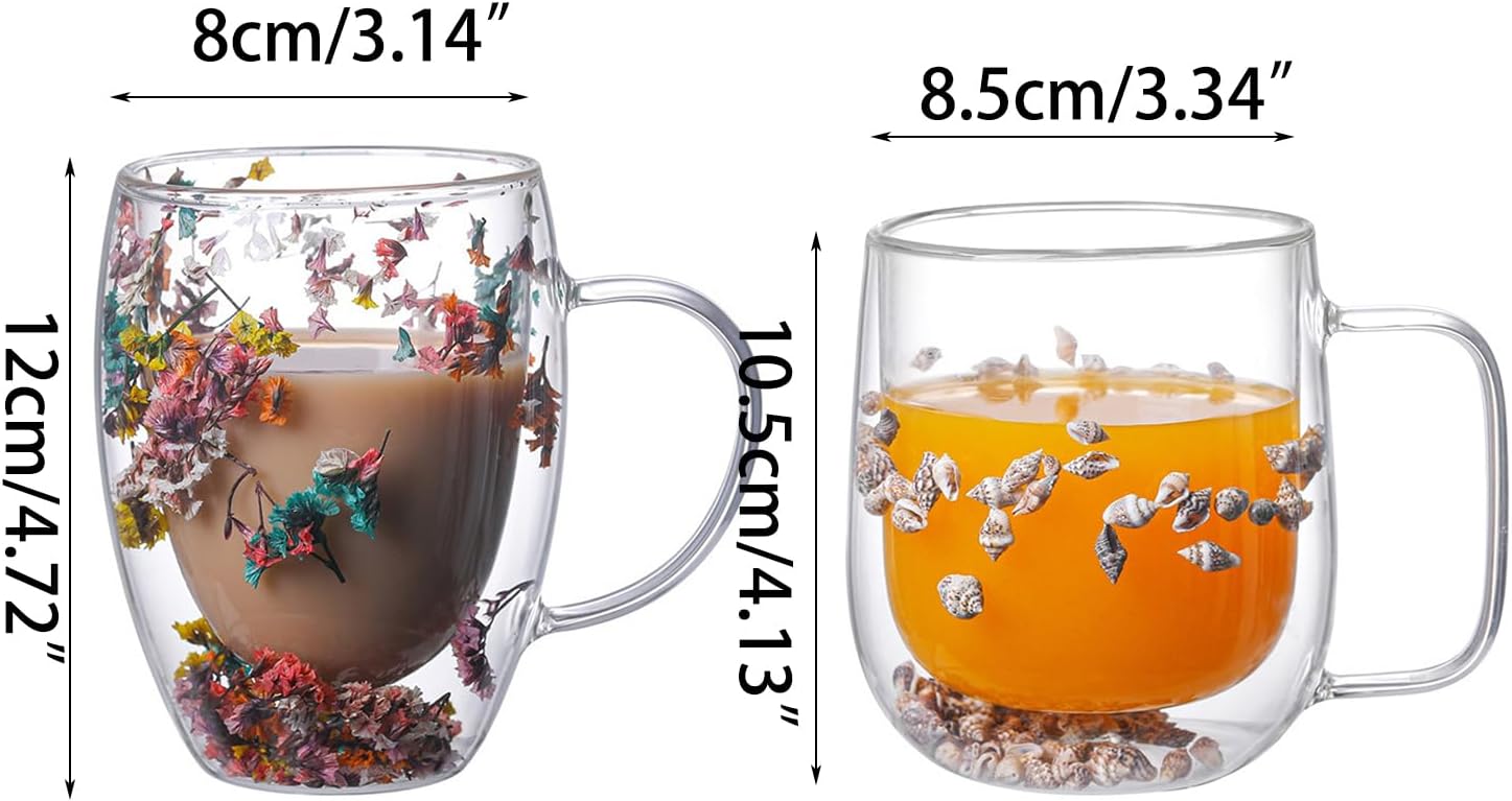 Novel Double Wall Glass Mug Cup With Dry Flower Sea Snails Conchs Glitter Fillings For Coffee Juice Milk Lovely Gift Flower Double-layer Glass Cup