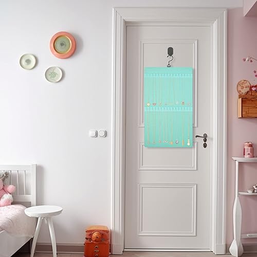 Miniatura 6 de Organizador de joyas colgante de doble cara con colgador, azul, soporte de joyería de gran capacidad para aretes, collares en armario, pared,