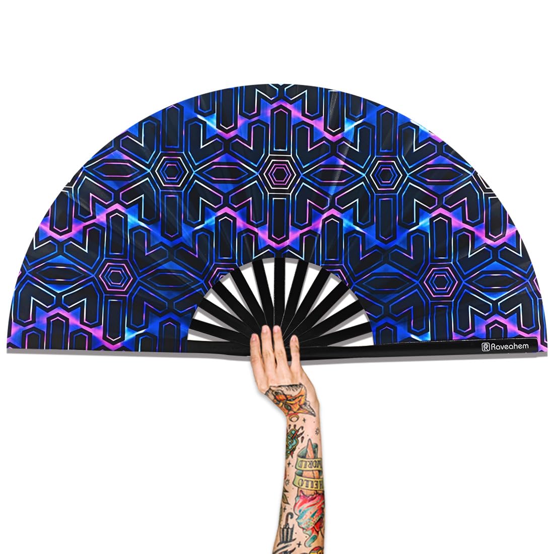 Raveahem Large Folding Fan, 13 Inch Clack Rave Fan Hand Held Fan for Women Men with Premium Satin Fabric, Thick Bamboo Frame for EDM, Music Festival,