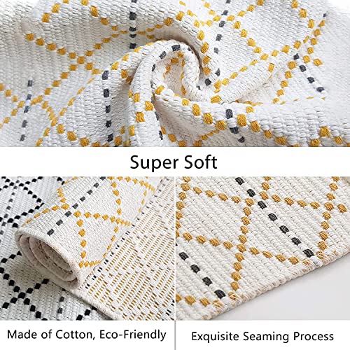 Upgraded Boho Area Rug 4'X6', Yellow And White Diamond Carpet, 100% Woven Cotton Washable Yellow Indoor Outdoor Rug For Home Decor/Kitchen/Living Room/Bedroom #TOP1