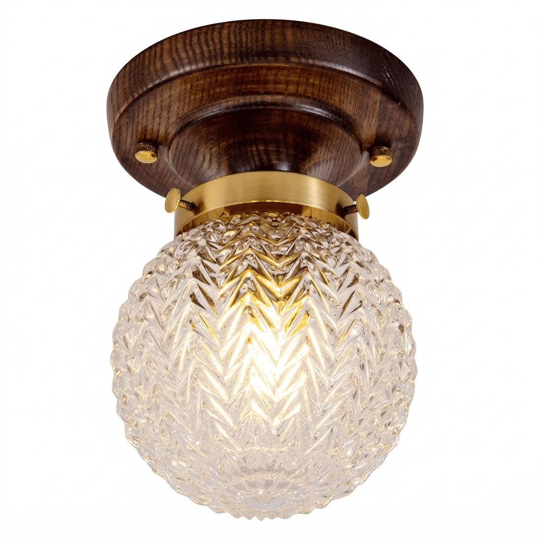 IvyLoutish French Style Vintage Retro Ceiling Light, Sophisticated Walnut Texture Base, Patterned Etched Glass Globe Shade, Flush Mount Plafond for Entryway, Hallway, Foyer, Home Living Art Decor