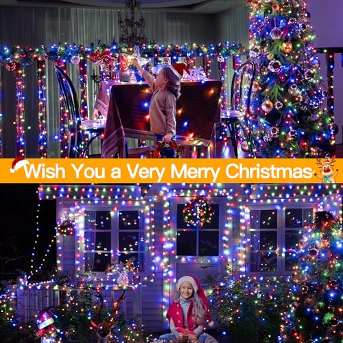 Image of Ollny Christmas Lights 800 LED 262FT Plug in, IP67 Waterproof Green Wire Outdoor Christmas Lights with Remote, 8 Modes with Timer String Light for House Indoor Xmas Decorations Multicolored