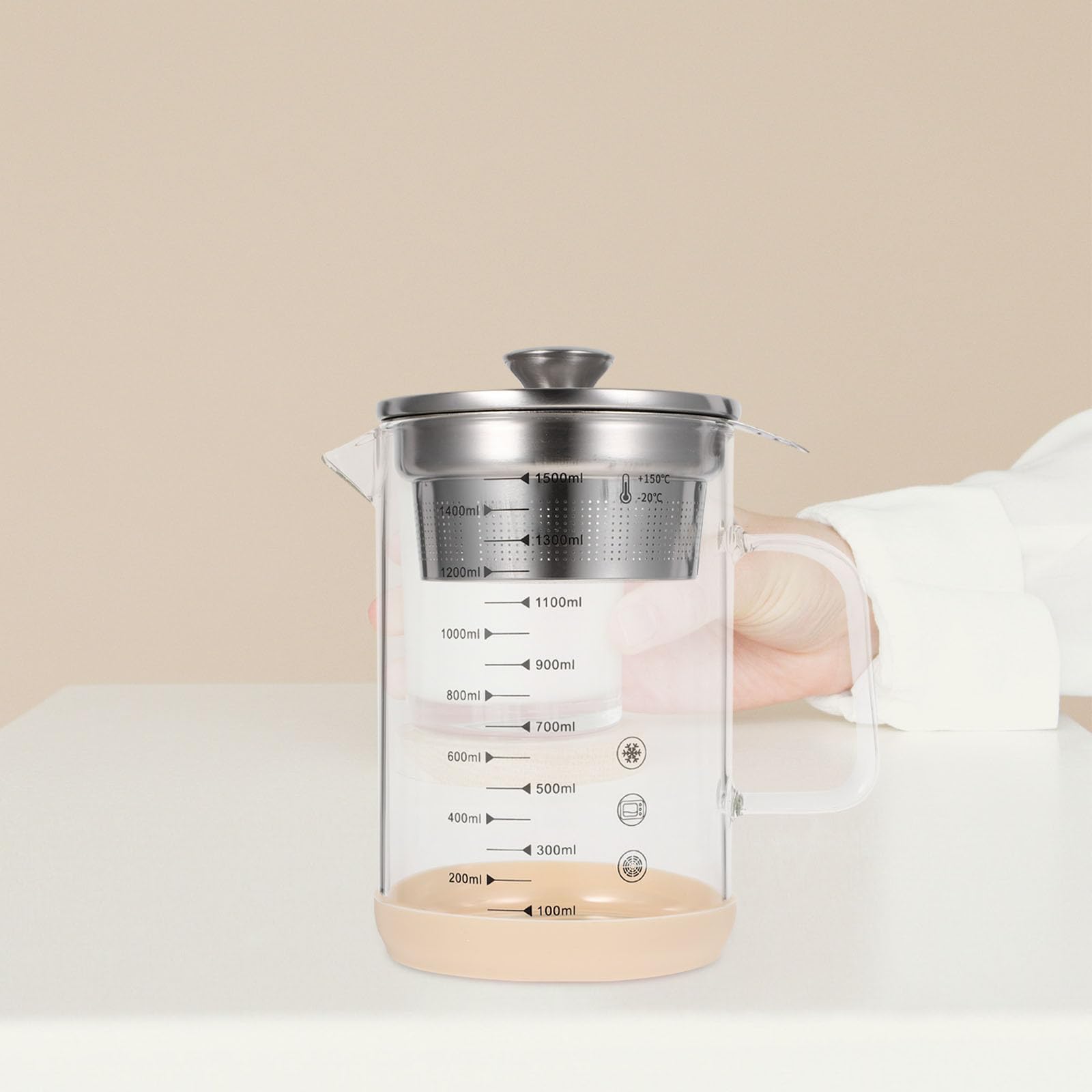 Housoutil Glasfilterkanne 1500 Ml mit Edelstahlfilter für Sojamilch und Saft Hitzebeständiger Haushalts Saftbehälter aus Borosilikatglas Feinmaschiges Sieb für Tee und Kaffee
