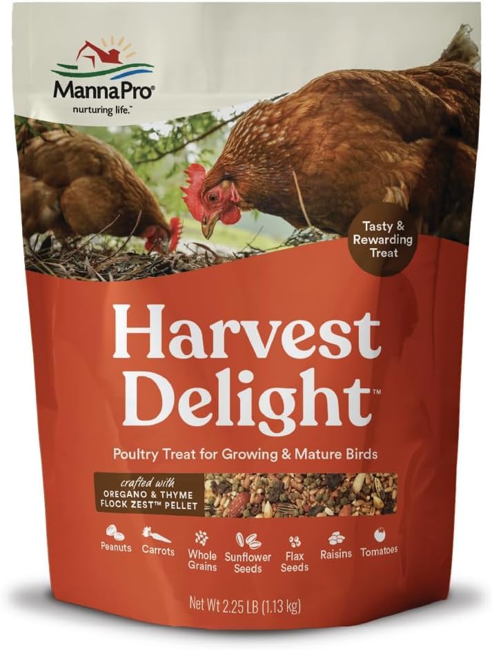 Image of Manna Pro Harvest Delight Poultry Treat, Whole Grain & Seed Mix with Fruits & Vegetables, 14% Protein Snack for Chickens, Ducks & Mixed Flocks, 2.25 lb (Pack of 6)