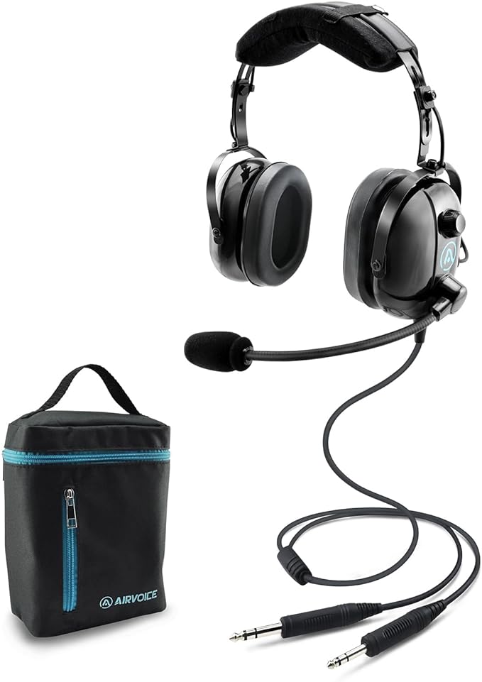 AIRVOICE Aviation Headset for Pilots with Passive Noise Cancellation, PNR Aviation Headset with Comfortable Earpads and Flexible Microphone, General Aviation Headset with Carrying Case Black