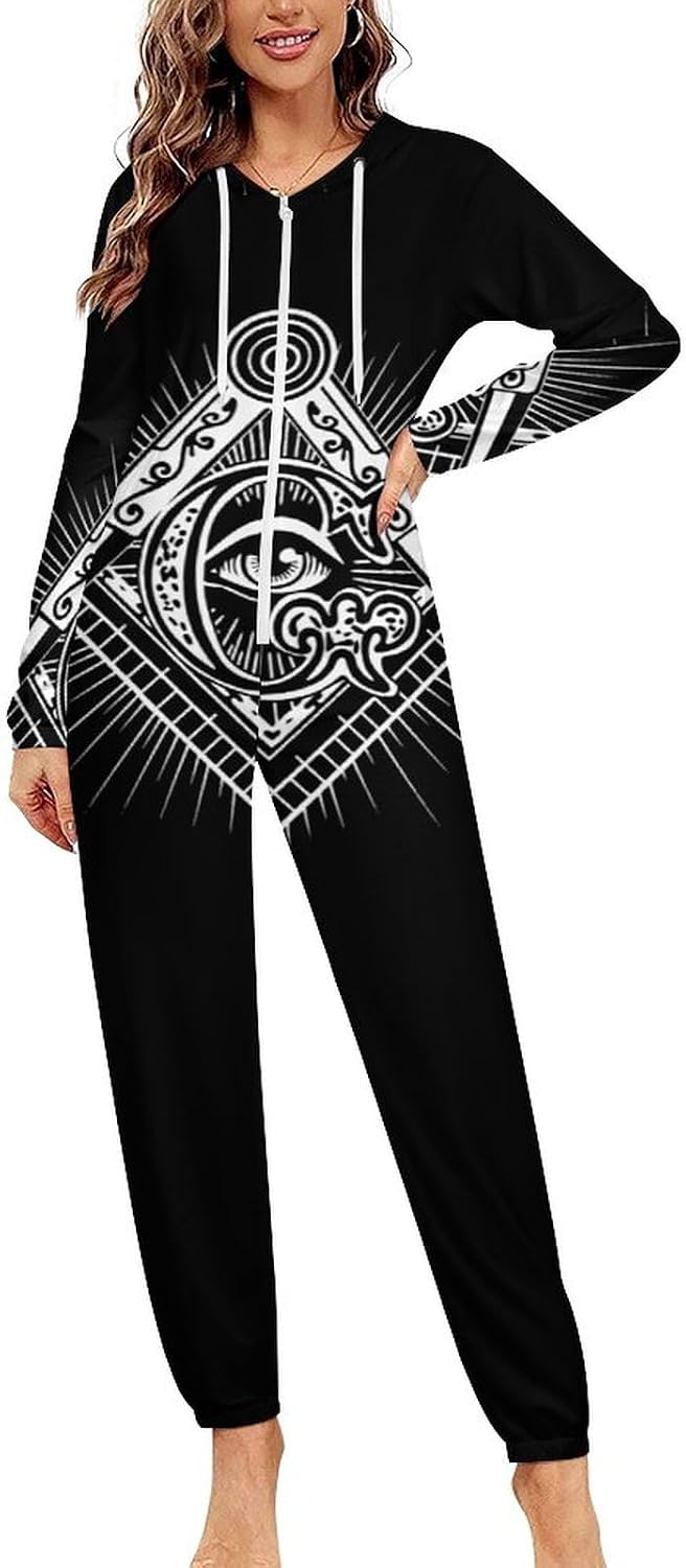 Freemasonry Masonic Masonry Adult Pajamas Onesie with Hood Pocket Jumpsuits One Piece Sleepwear