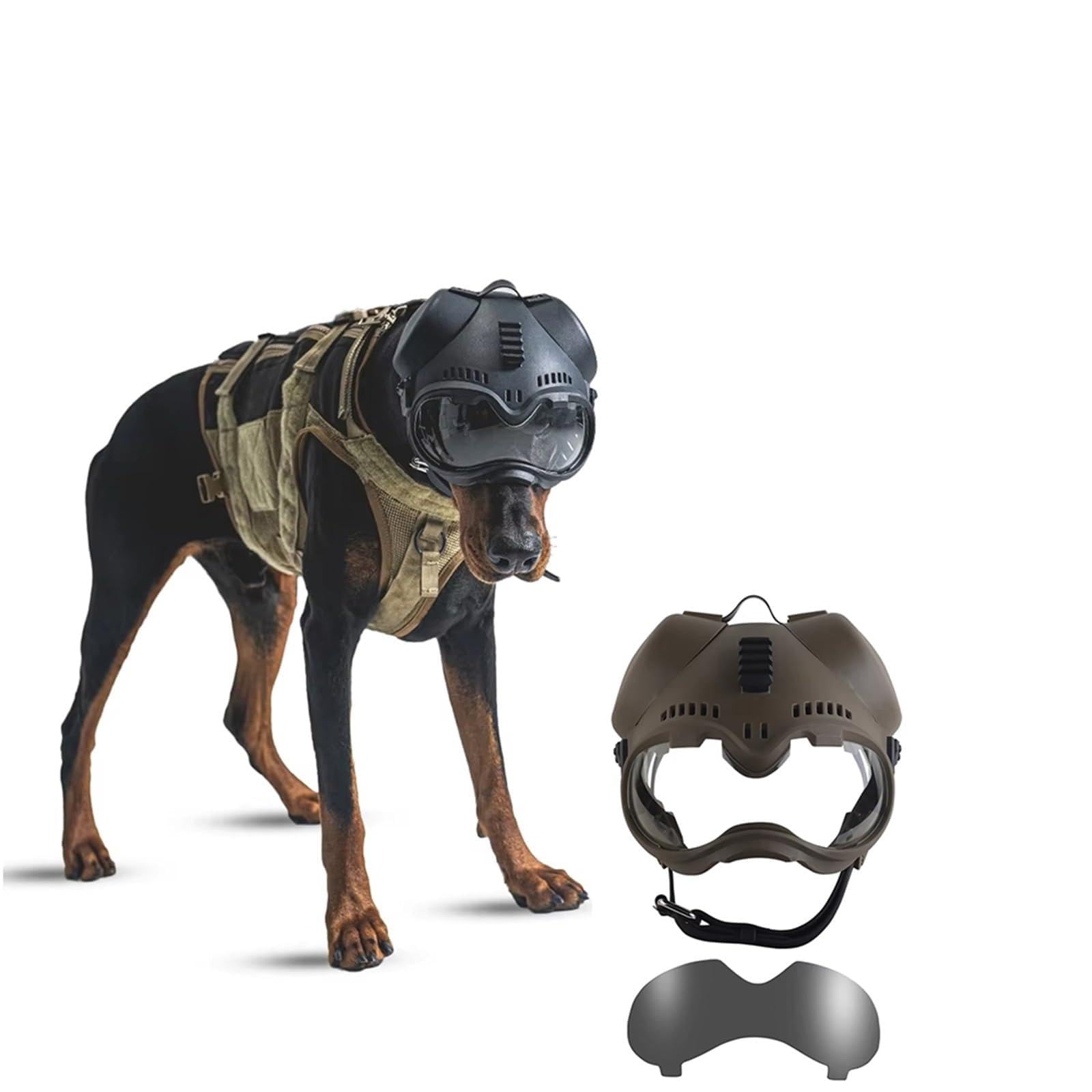 Casco Táctico K9 Perros Caza con Gafas Protectoras Exteriores para Terrier Belga Holandés Pastor Alemán Tamaño Mediano(Tan)