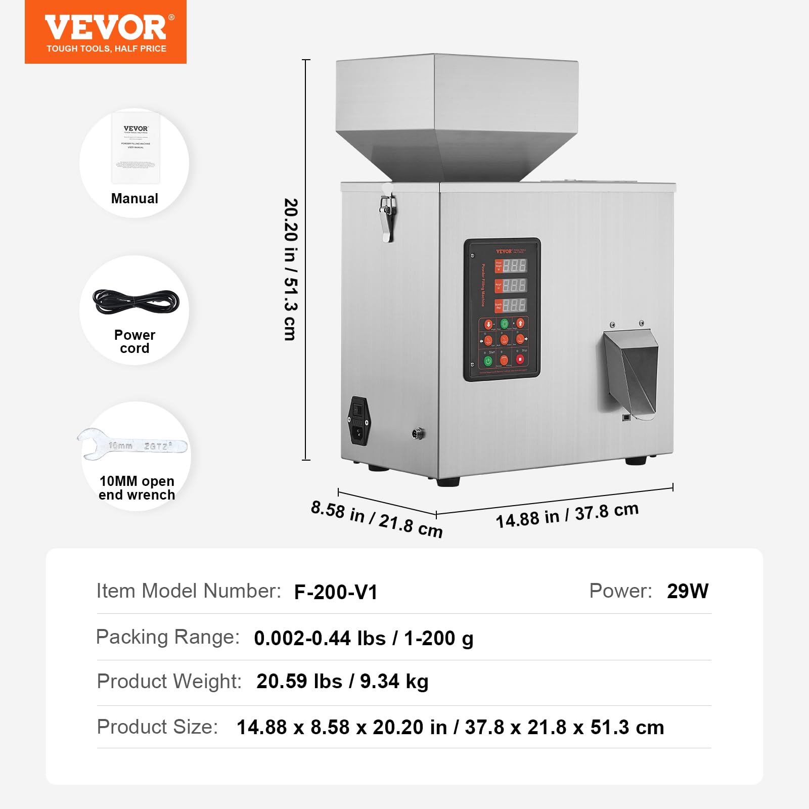 VEVOR Macchina riempitrice, 1-200 g, Macchina riempitrice automatica per pesatura di particelle, Riempimento dispenser per semi di tè, cereali, polvere, farina, fagioli, scaglie