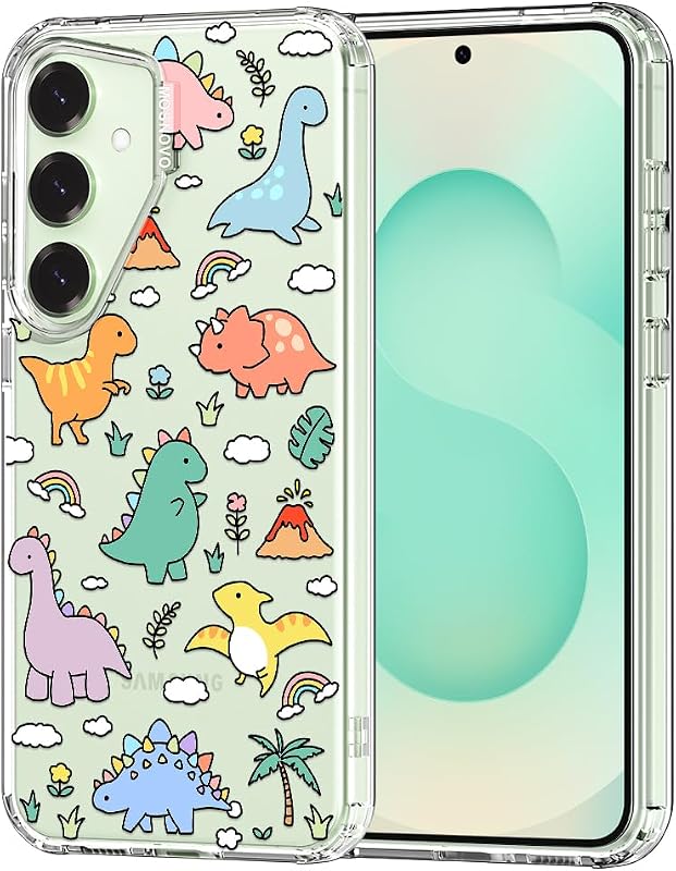 MOSNOVO Case for Samsung Galaxy S25 / Galaxy S24, [Buffertech 6.6ft Military-Grade Drop Protection] [Anti Peel Off Tech] Clear TPU Bumper Phone Case Cover Design - Dinosaur Land