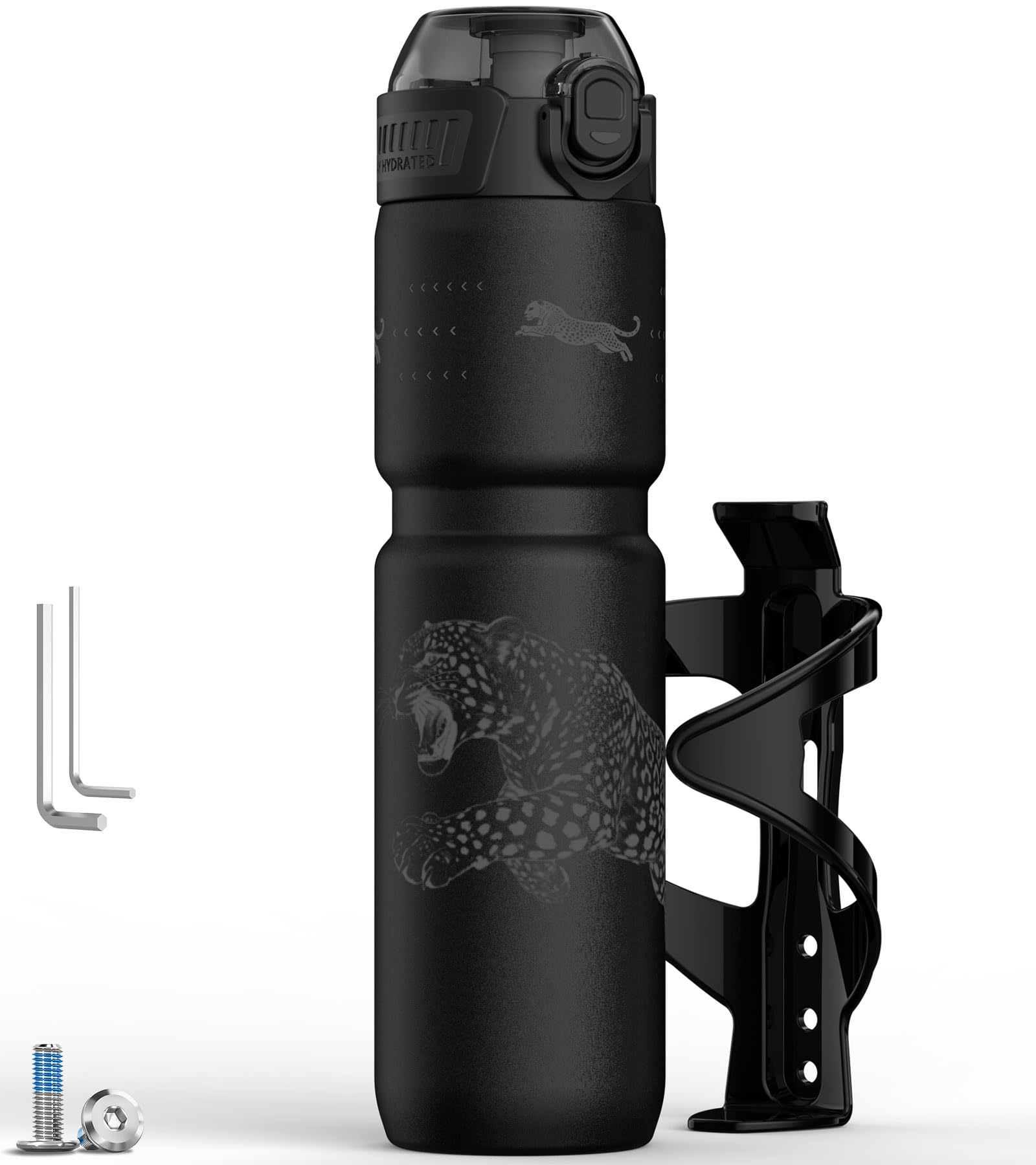 MYFOREST 700ml Gourde isotherme pour vélo, doublure en acier chirurgical inodore, meilleure prise en main pour les sentiers accidentés, ouverture rapide, bouchon anti-poussière (Lot léopard noir)
