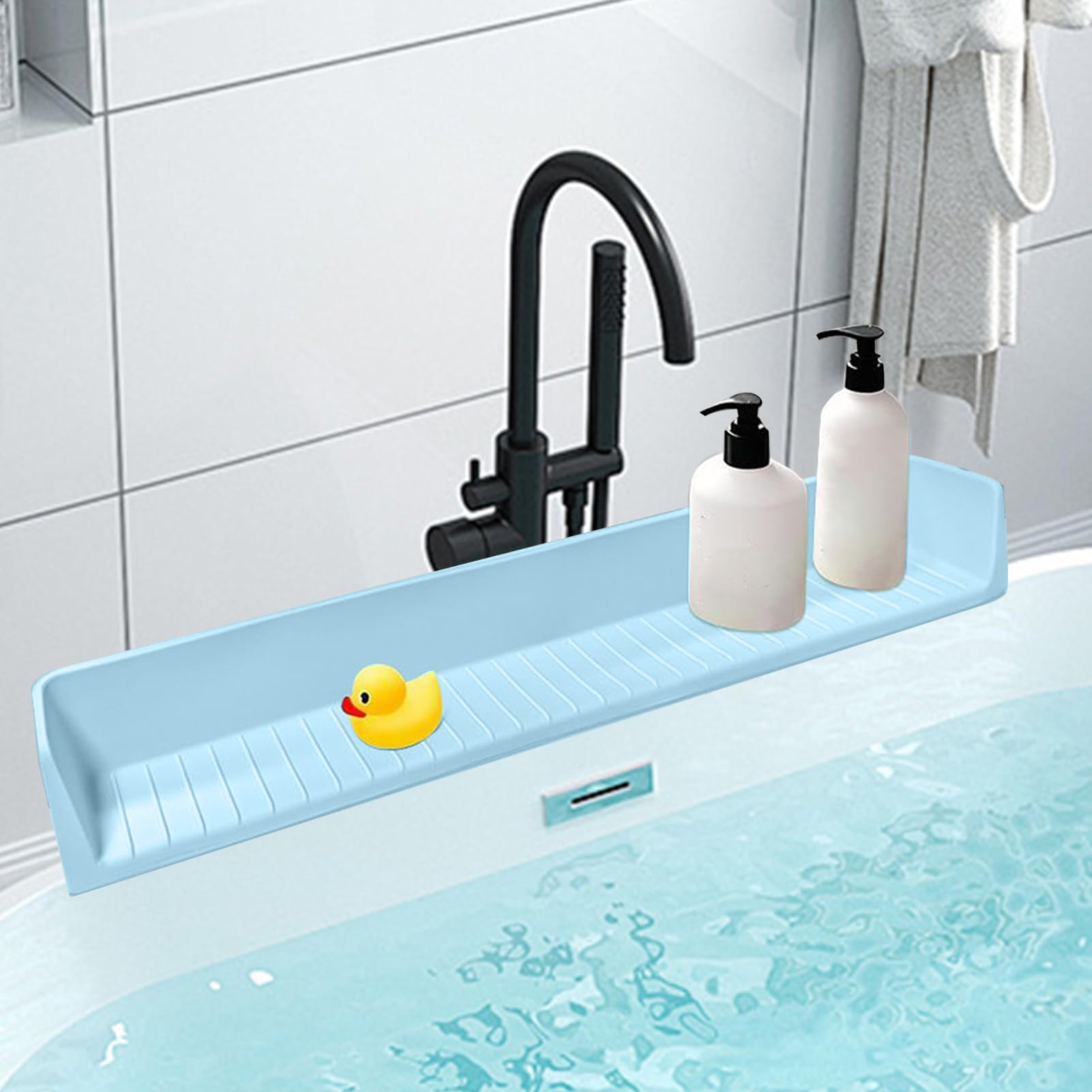 Bathtub Splash Guard, Silicone Toy Tray, Suction Cup Base Design, Water Splash Prevention, for Sink Vanity Bathroom Use,80x11.5x7.9cm/31.5x4.53x3.11 Inches, Gray, 1 Piece