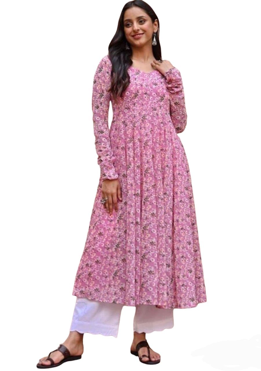 Women's Pink Printed Georgette Long Kurti with Flared Sleeves, XL