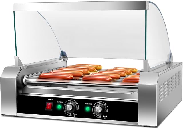 TANGZON 1400W Hot Dog Roller Machine, 11 Rollers Sausage Grill with 2 Heating Zones, 0-250°C Thermostat Control & Protection Cover, Stainless Steel Hotdog Roller for Home Commercial Use