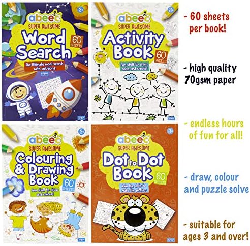 abeec Activity Books for Children - 4 A4 Books Containing: Word Search, Activity Book, Dot to Dot and Colouring Books for Children. Kids Activity Packs - Travel Activity Packs for Kids