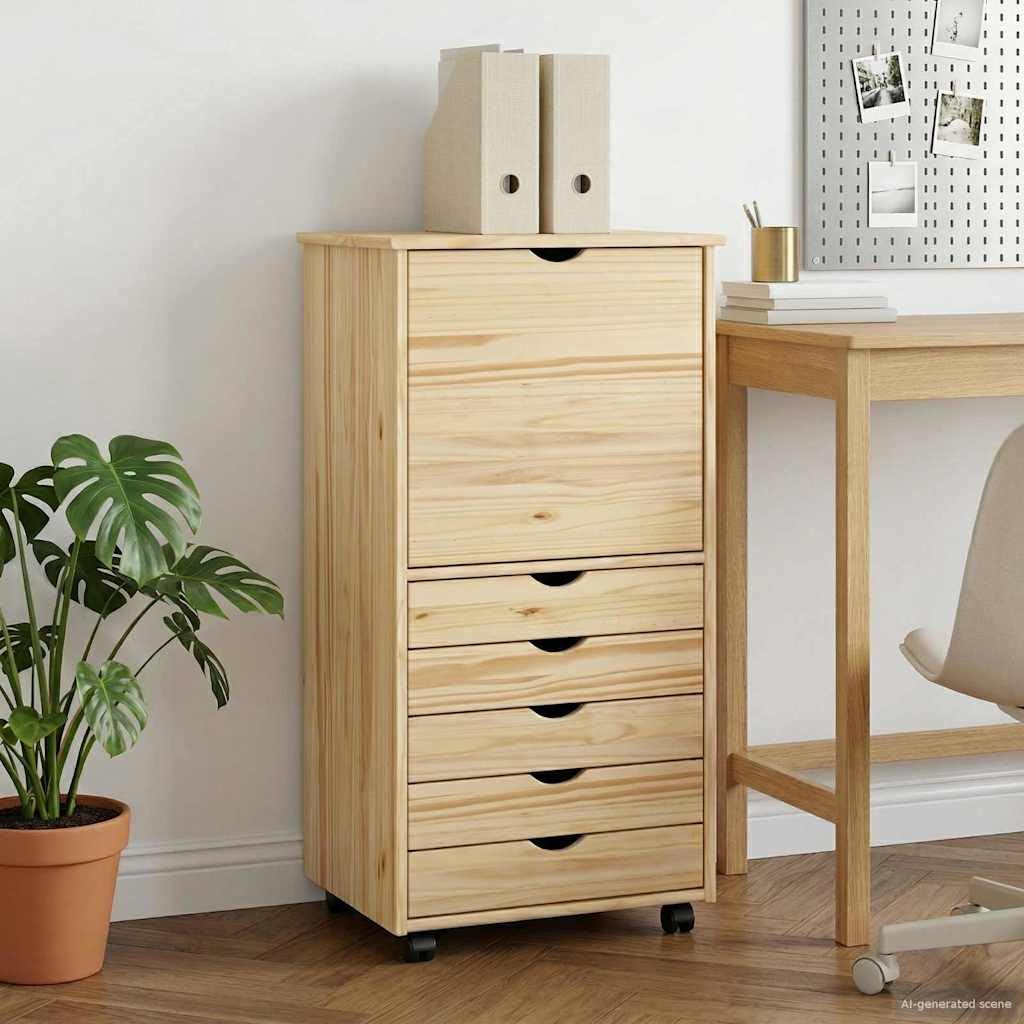 Armadio con ruote marrone in legno massello di pino 53 x 39 x 103 cm con 5 cassetti e mensola per ufficio, officina, guardaroba e spazio