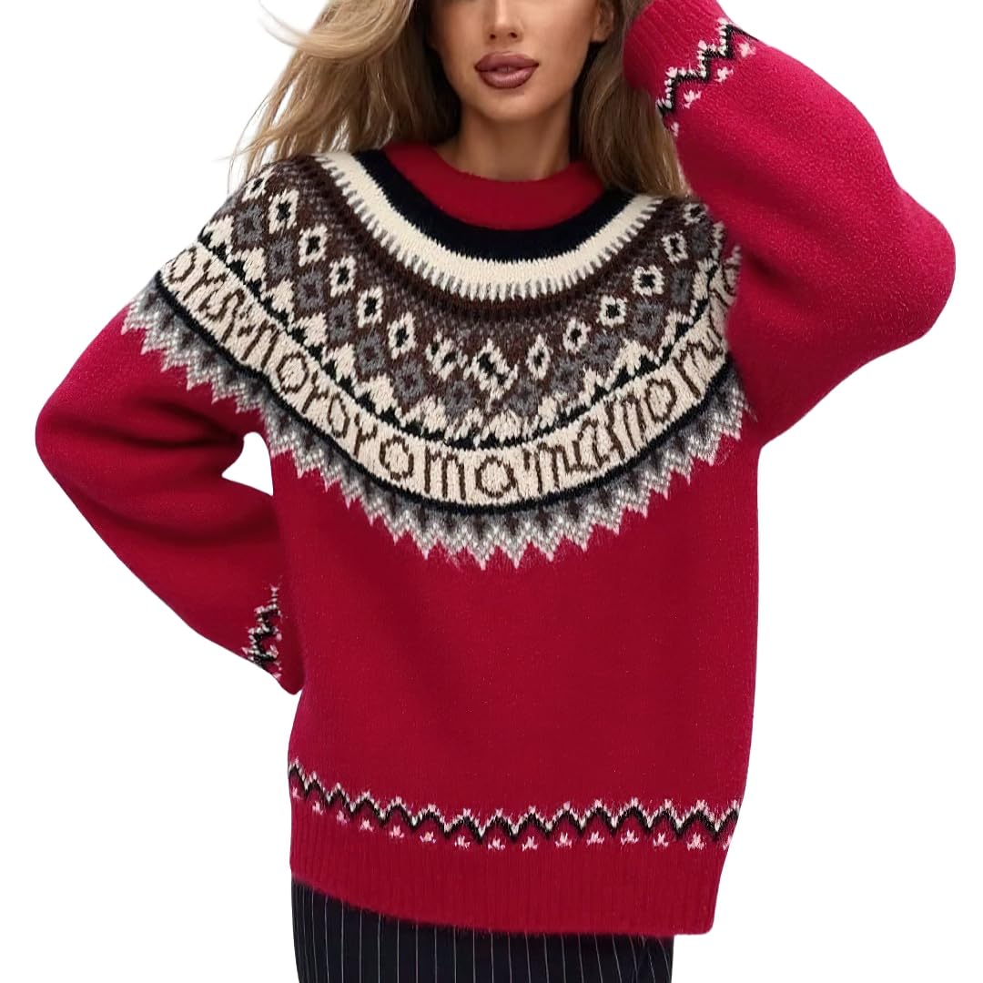 chouyatou Womens Warm Tribal Aztec Floral Sweater Top Crewneck Loose Fit Fair Isle Boho Knit Sweaters