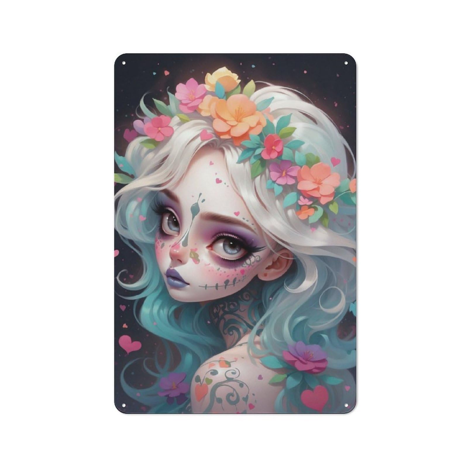 Junmoney Girls Cute Sugar Skull Retro Tin Wall Plaque 30X20cm For Home Office Or Studio, Wall Decoration For Home Offices And Studios