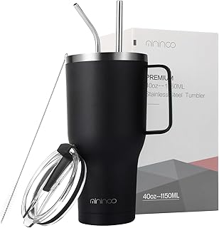 mininoo 40oz Tumbler Straw Mug, 304 Stainless Steel Double Wall Vacuum Insulated Travel Mug, with Handle and Straw Lid, BPA-Free Keep for Hot 12H & Cold 12H Drinks, Powder Coated, Leak Proof, Black