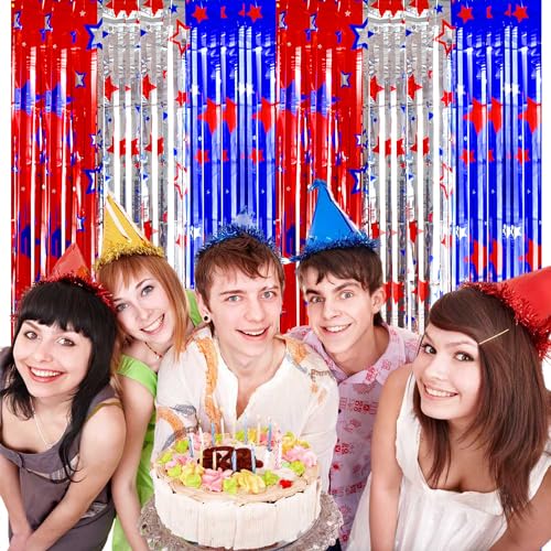 Image of TONIFUL 4th of July Decorations,Red White and Blue Tinsel Foil Fringe Curtains,Independence Day Photo Booth Backdrop,America Star Metallic Door Streamers for Patriotic Party Memorial Day Labor Day
