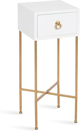 Kate and Laurel Decklyn - Mesa decorativa de té glamorosa 12 x 12 x 30 blanco y dorado moderna mesa de bebidas para sala de estar con cajón para
