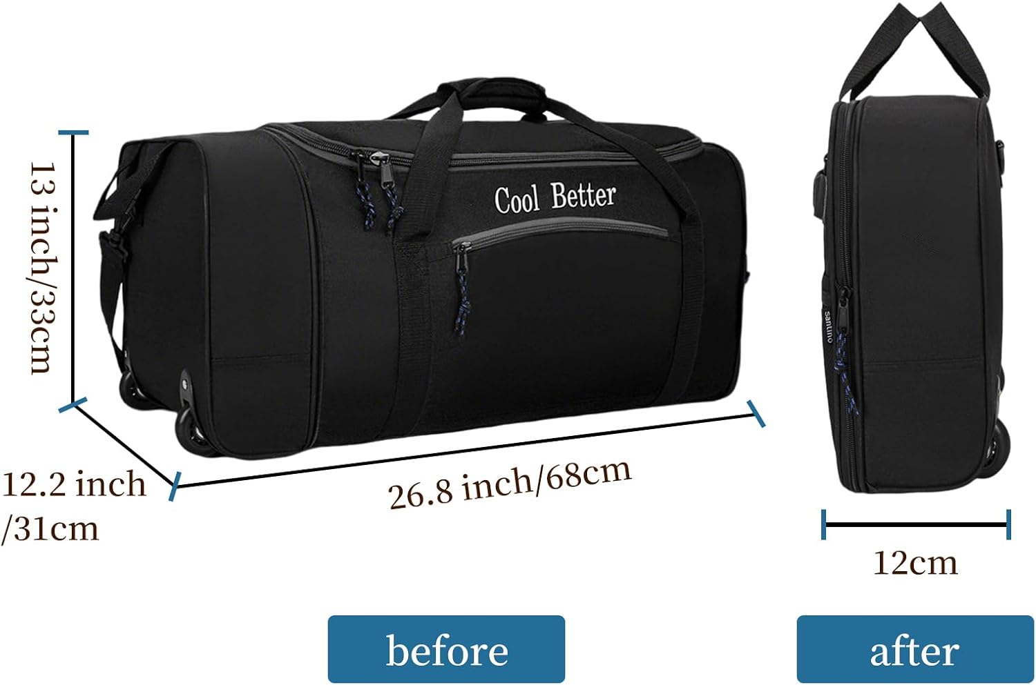 55L Foldable Rolling Duffel Bag with 2 Wheels, Large Durable Travel Duffle Bag Heavy Duty Overnight Weekender Bag with Shoulder Strap,Black - Image 5