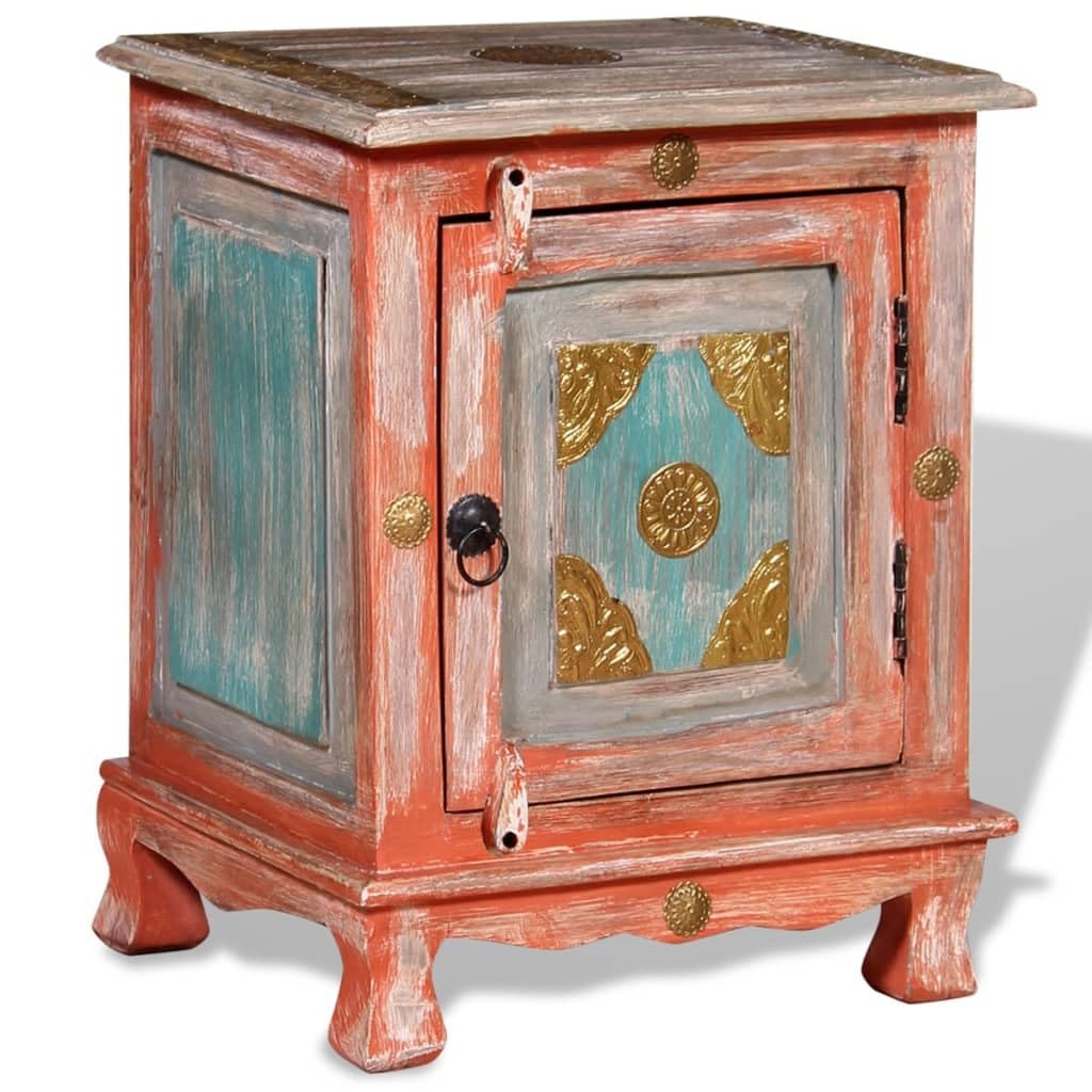 Stolik nocny z litego drewna mango pomarańczowy ręcznie wykonany 40 x 30 x 50 cm z dużymi drzwiami i mosiężnymi okuciami w indyjskim stylu vintage jako stolik pomocniczy i stolik nocny do