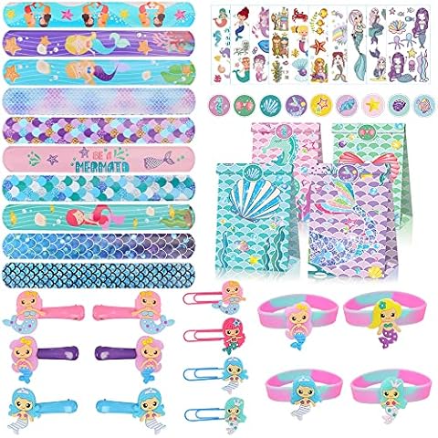 47Pcs Meerjungfrauen Slap Armbänder Party Mitgebsel Kinder, Mitgebsel Kindergeburtstag Snap armbänder, Geschenktüten, Tattoos, Haarspangen, Lesezeichen, Meerjungfrau Gastgeschenke für Kinder Cover