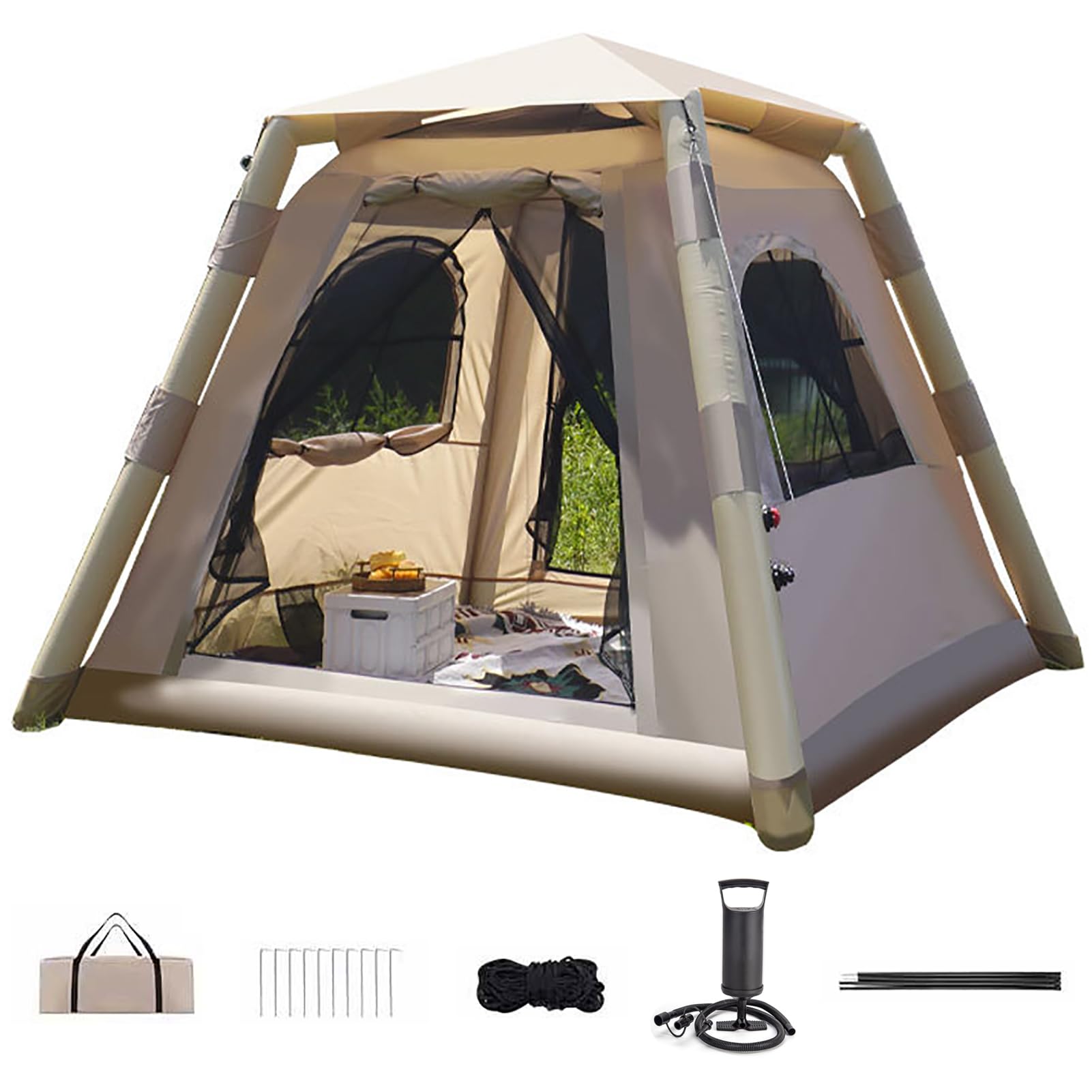 Kabxhueo Aufblasbare Zelt mit Pumpe 4 Personen Zelte fr Camping  Campingzelt Glamping Zelte groe Familie Kuppelzelt Wasserdicht mit 4 Mesh  Fenster & Tren einfache Einrichtung fr Wandern Backpacking : Amazon.de:  Sport & Freizeit