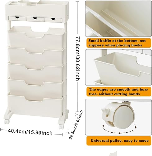 Miniatura 2 de Estantería de almacenamiento de 6 niveles, estantería movible única con 3 cajones, organizador de utilidad de gran capacidad, estantes blancos para
