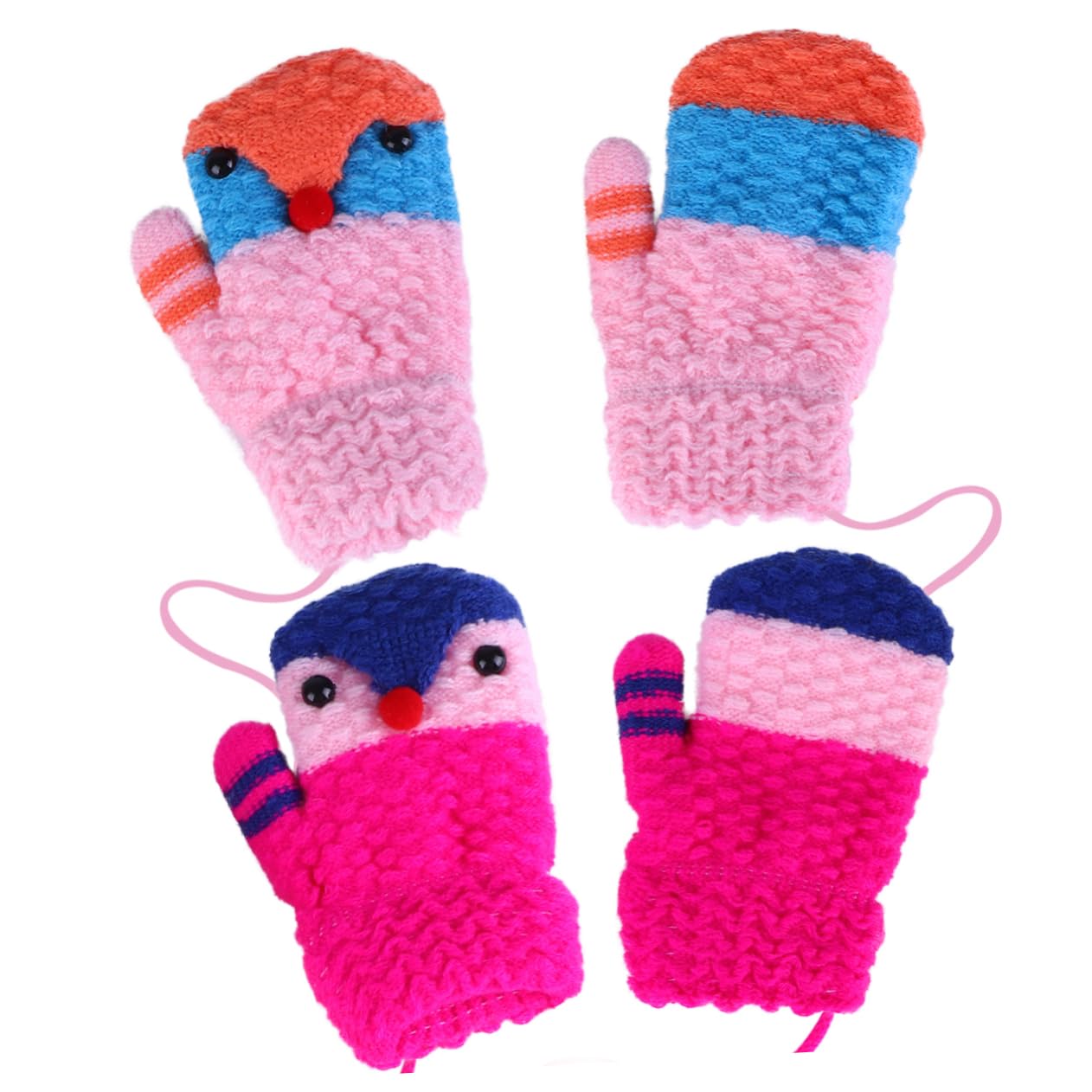 BESTYASH Cartoon Mitten Double Gloves 2 Pairs of Knitted Warm Gloves for Boys and Girls Winter Warmth Wash