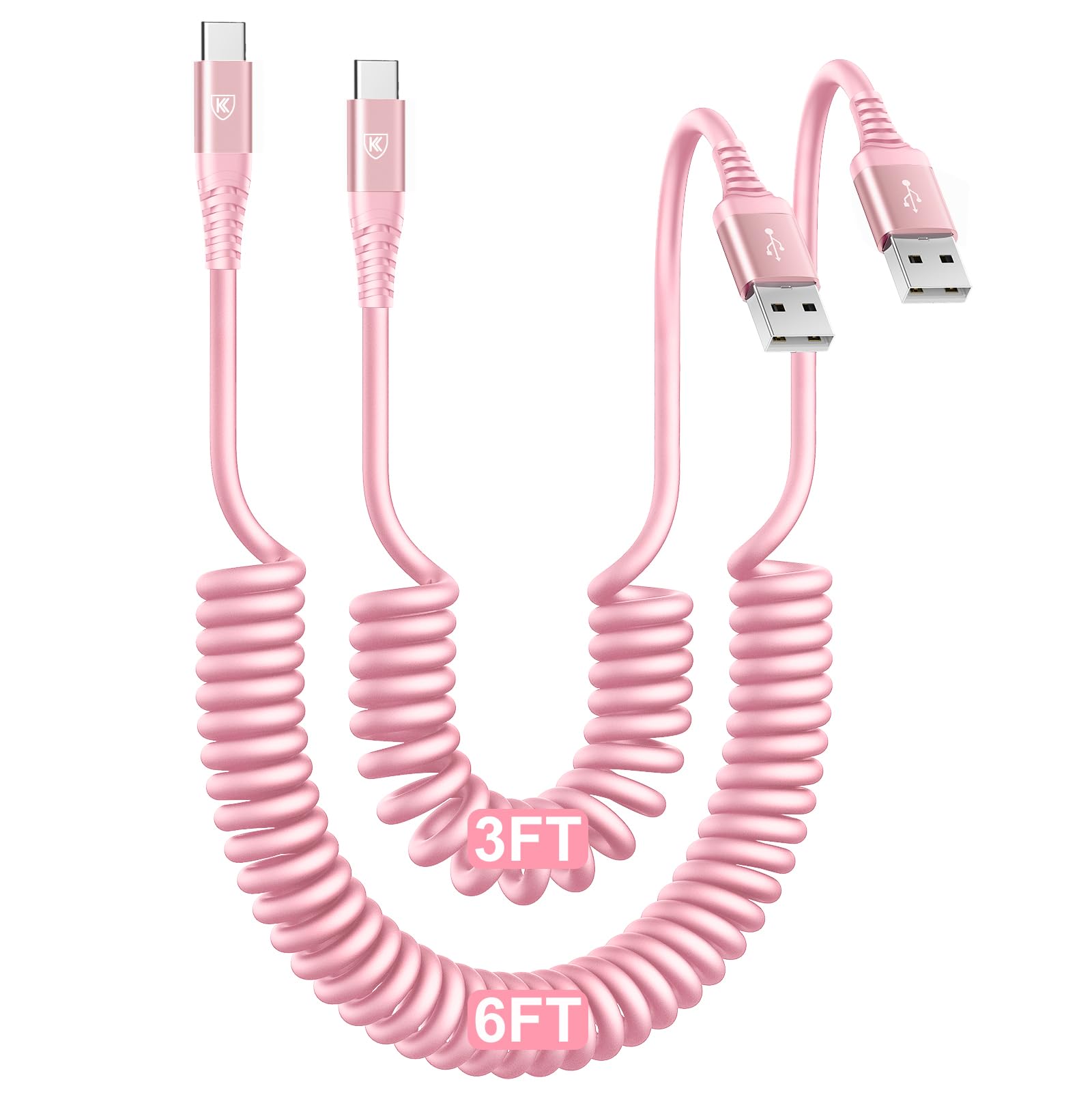 Photo 1 of USB C Cable Fast Charging Cable [3FT+6FT], Coiled USBA to USBC Cable for Car, USB C Cord iPhone USB-C Cable Compatible with iPhone 17 16 15 Pro Max,Samsung Galaxy S10 S9 and More-Pink