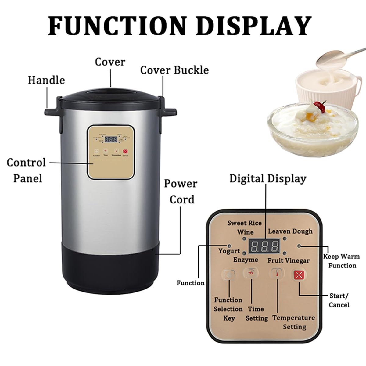 Yogurtera, fermentador eléctrico de 12 L/18 L, máquina para Hacer Vino Dulce de Acero Inoxidable con Temperatura de Tiempo Ajustable para Yogur, enzimas, Masa de arroz, vinagre de Frutas,12L