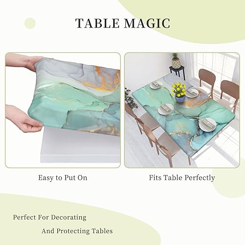 Miniatura 6 de Mantel rectangular con diseño abstracto de mármol verde azulado y remolinos dorados, borde elástico, impermeable, lavable, para decoración de mesa
