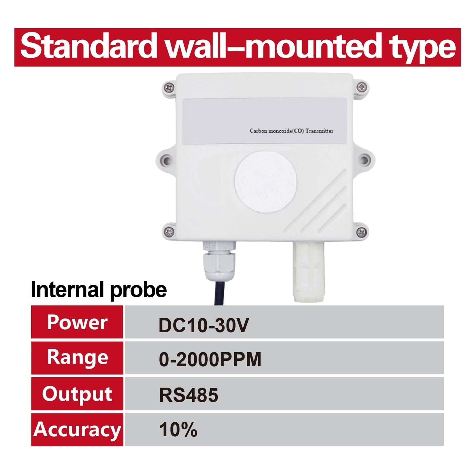 Gasdetektor, Wandmontierter Kohlenmonoxidsensor CO-Gasdetektor-Sender RS485 4-20mA-Ausgang Industrieller CO-Monitor für Arbeit und Zuhause(RS485 0-2000PPM)
