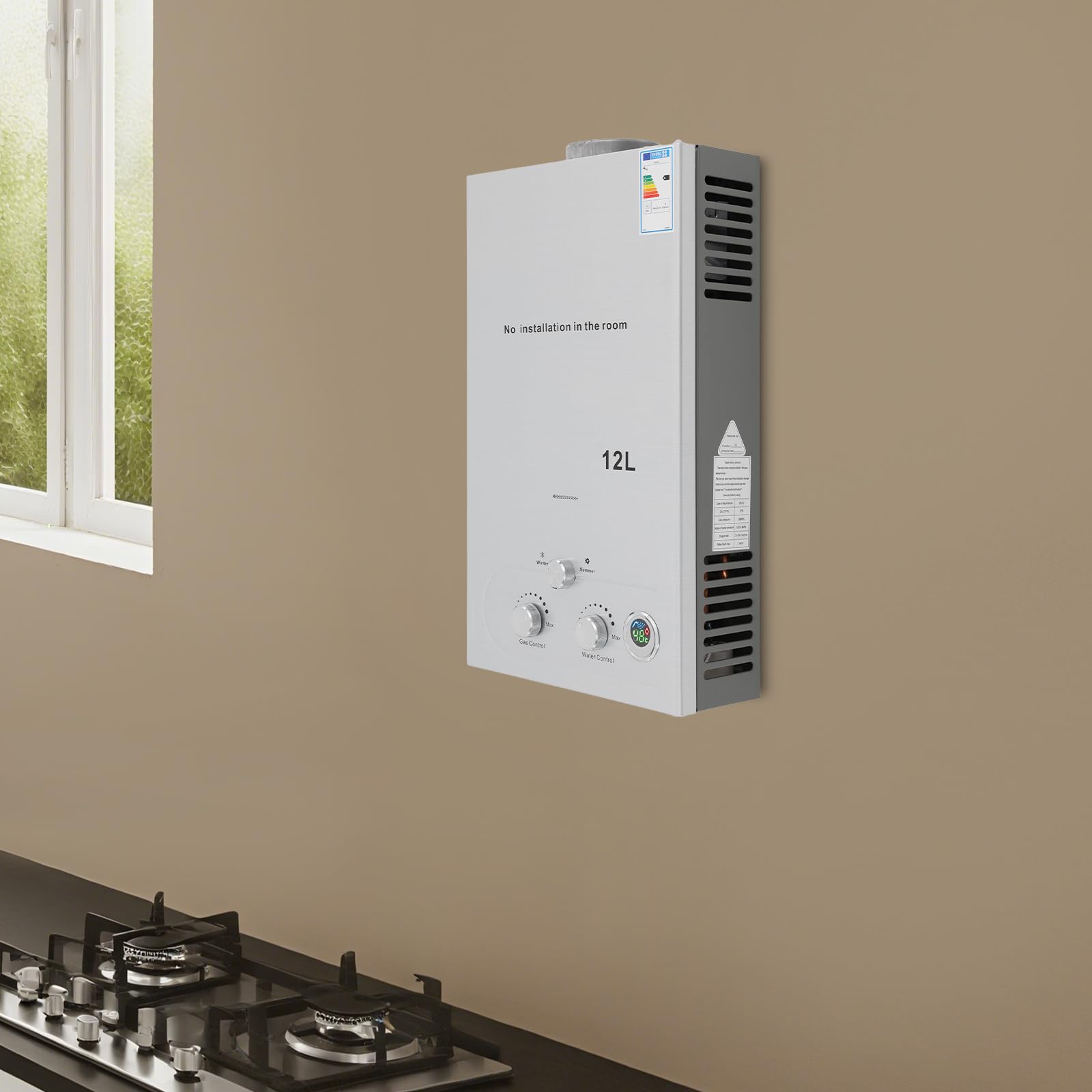 Calentador de agua de gas, 24 kW con control inteligente de temperatura de CPU, calentador de agua portátil para exteriores, calentador de agua de gas sin depósito, para casa, autocaravanas, cabinas