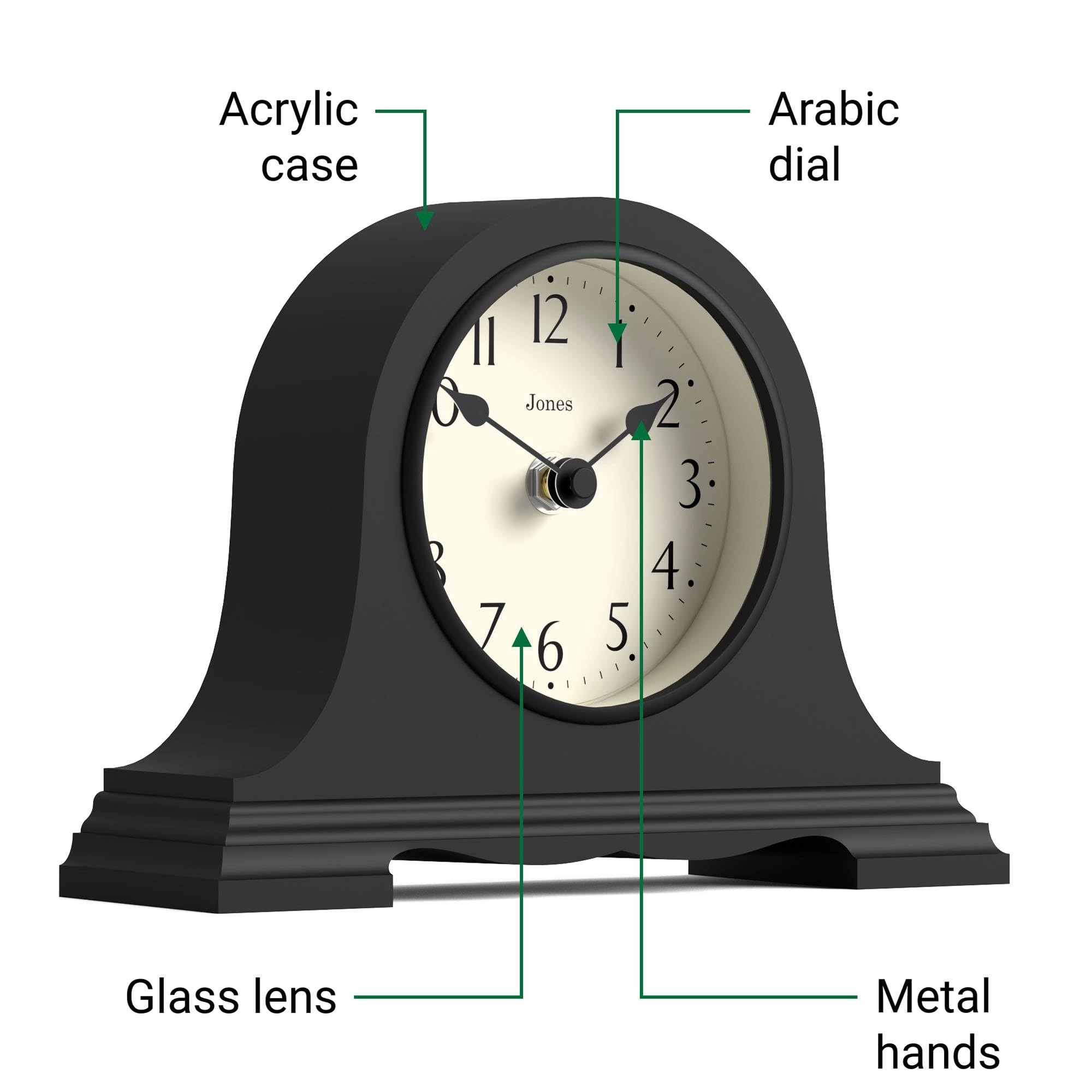 JONES CLOCKS® Speakeasy Reloj de repisa pequeña | Diseño clásico del Sombrero de Napoleón | Negro | Estilo clásico contemporáneo para Escritorio, Mesa, estantería o mesilla