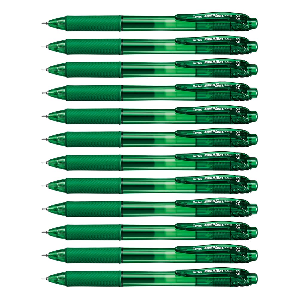 Pentel 0.5mm EnerGel-X Retractable Liquid Gel Pen with Needle Tip and Green Ink, Box of 12 (BLN105-D)