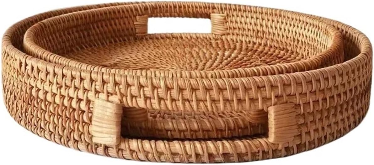 Hand-Woven Rattan Storage Basket TrayTea Fruit Round Case With Handle Afternoon Tea Fruit Tray Storage Basket Food Display Tray(Rectangle38x26x7cm L)