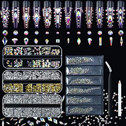 3848 Pieces AB Multi Shapes Crystal Rhinestones Set 120 Pieces Nail Crystals 3728 Pieces AB Clear Flatback Rhinestones Round Gems Diamond, Metal Nail Stud with Tweezers Picking Pen for Nail Art