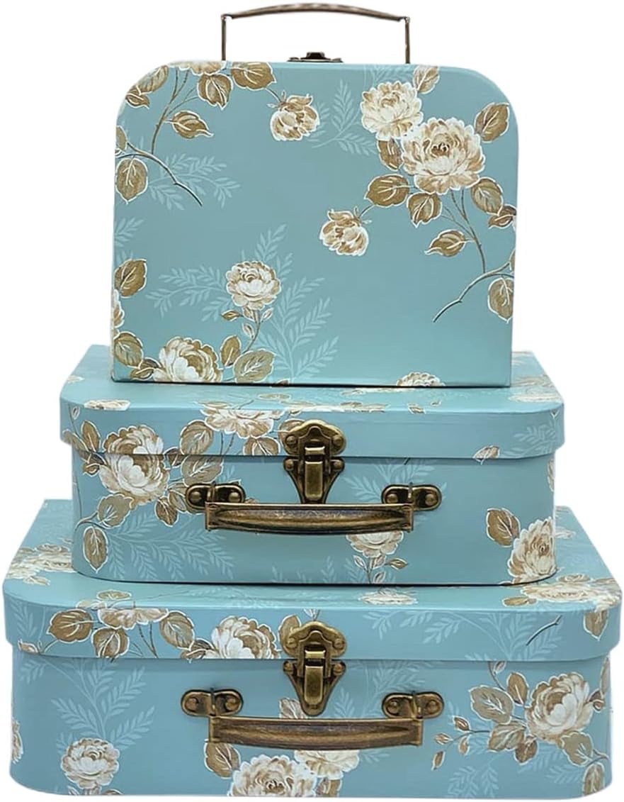 Amedoo Vintage Suitcase Storage Boxes Set of 3 - Decorative Flower Pattern Lidded Keepsake Trinket Boxes for Home Decor & Gifts